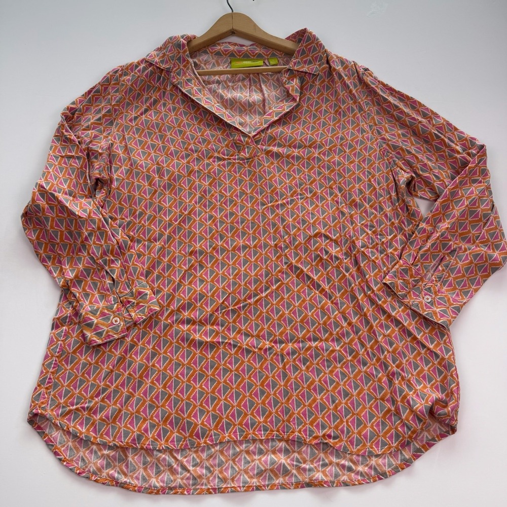 Rockflowerpaper Loose Flowy Diamond Print Tunic Blouse Orange Pink Grey Large